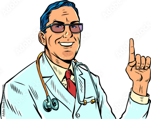 Pop Art Retro Male caucasian doctor shows index finger up. Advertisement of medical services business. Recommendation from professional doctor.