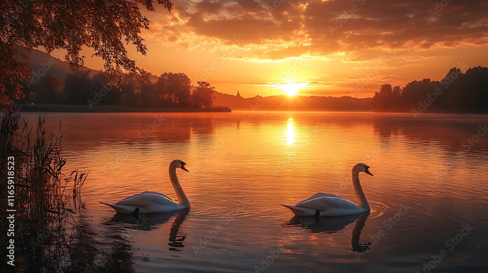 Fototapeta premium Two swans on calm lake at sunrise, misty morning, golden hour light.
