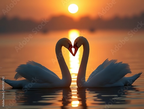 Fototapeta Naklejka Na Ścianę i Meble -  Silhouette photography of two swans forming a heart in a minimal and realistic style