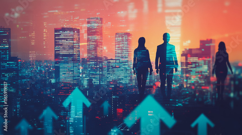 Abstract business team stands on the peak of success amid tall, innovative Smart city and graphs with statistics to analyze business potential and predict future developments in company growth.