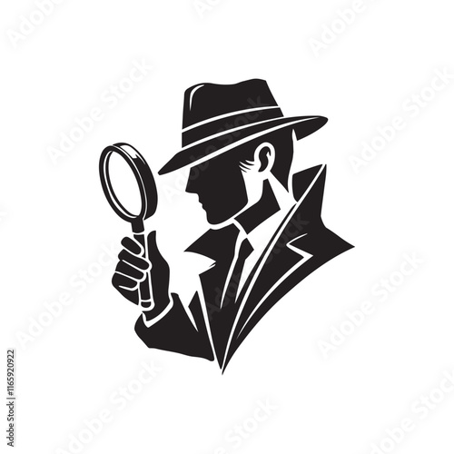 Detective with a magnifying glass silhouette vector art black color design and solid white background