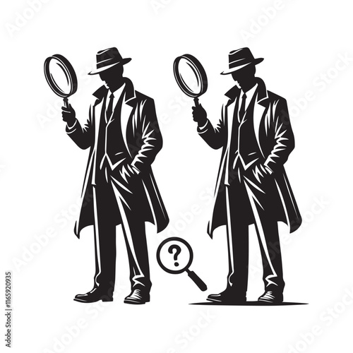 Detective with a magnifying glass silhouette vector art black color design and solid white background