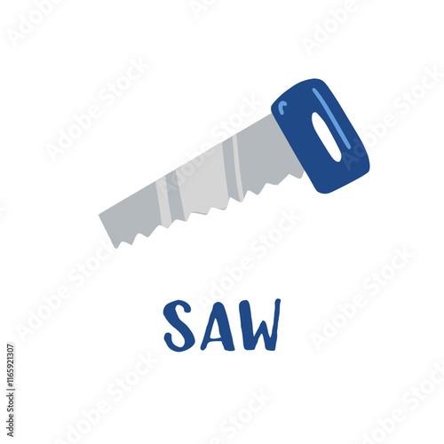 Hand saw in cartoon style on a white background. Work tool for home repair. Construction themed vector illustration, educational card for kindergarten, school