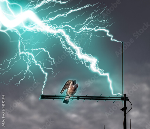 A roof antenna is struck by lightning while a pigeon is sitting on it