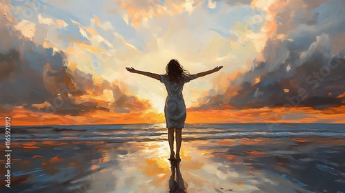A woman standing on a beach at sunset, arms wide open, symbolizing freedom and the pursuit of life’s meaning through self-discovery 