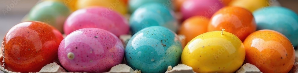 Close-up of glossy, dyed Easter eggs, various hues , pattern, pastel, handmade Close-up of glossy, dyed Easter eggs, various hues , pattern, pastel, handmade