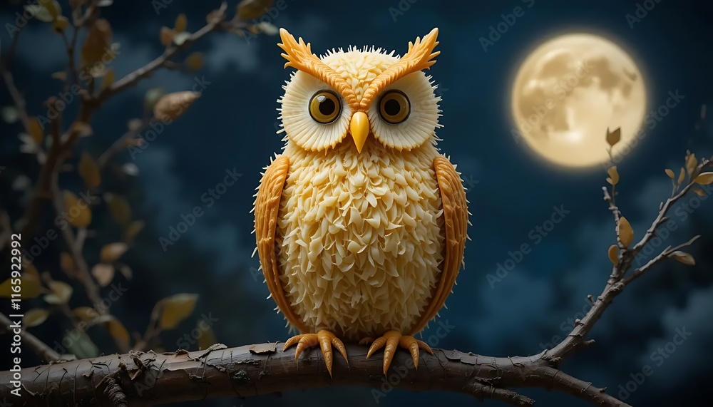 Naklejka premium An owl crafted from grated cheese, olive eyes and crispy flatbread perched on a branch in moonlight.