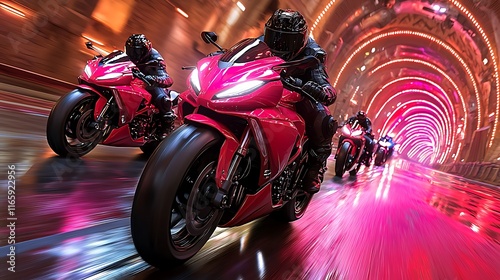Riders on red motorcycles speeding through a neon-lit tunnel.