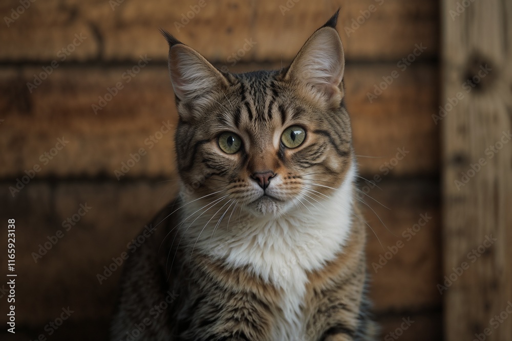 Close-up portrait of a domestic cat with green eyes and striped fur against a wooden background Close-up portrait of a domestic cat with green eyes and striped fur against a wooden background