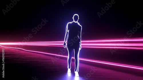 Silhouetted figure walking on a futuristic road with vibrant light trails, conveying a sense of journey and mystery in the digital age.