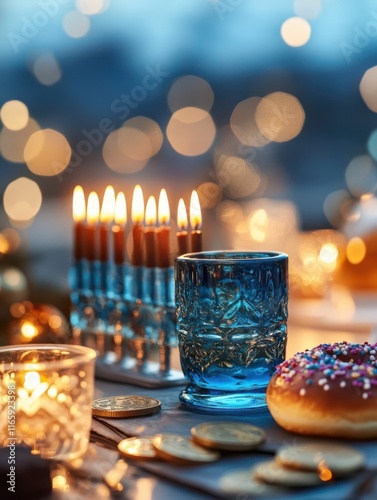 A blue glass with a lit candle in it sits on a table with other items photo