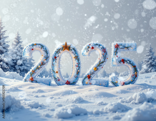 Frosted 2025 Numerals in a Festive Winter Landscape With Snowy Background