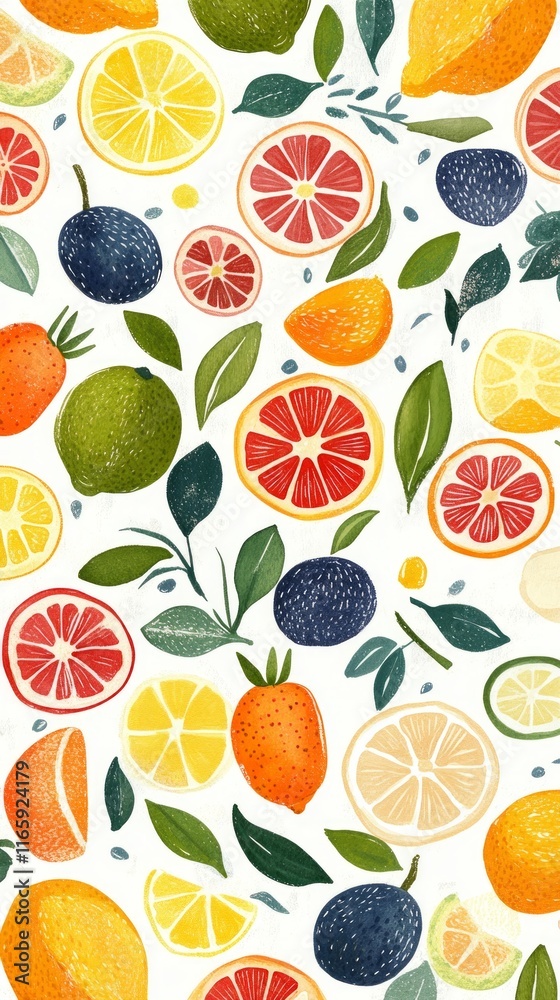 A Colorful Citrus Pattern Design Featuring Fresh Slices of Fruits and Leaves. A Vibrant and Healthy Food Illustration. Perfect for Kitchen Decor or Home Decor. A Colorful Citrus Pattern Design Featuring Fresh Slices of Fruits and Leaves. A Vibrant and Healthy Food Illustration. Perfect for Kitchen Decor or Home Decor.