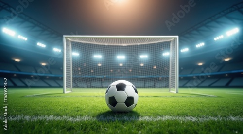 Soccer ball on the field of a stadium with a goal