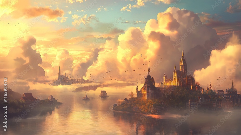 Fototapeta premium Golden Sunset over a Fantasy City: Enchanting Landscape