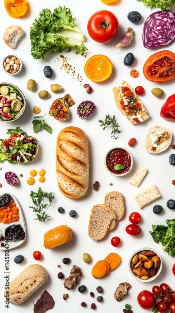 Fototapeta premium A Colorful Array of Fresh, Healthy, and Delicious Foods. A Balanced Meal Featuring Bread, Fruits, Vegetables, and Other Nutritious Ingredients. Perfect for a Healthy Diet.