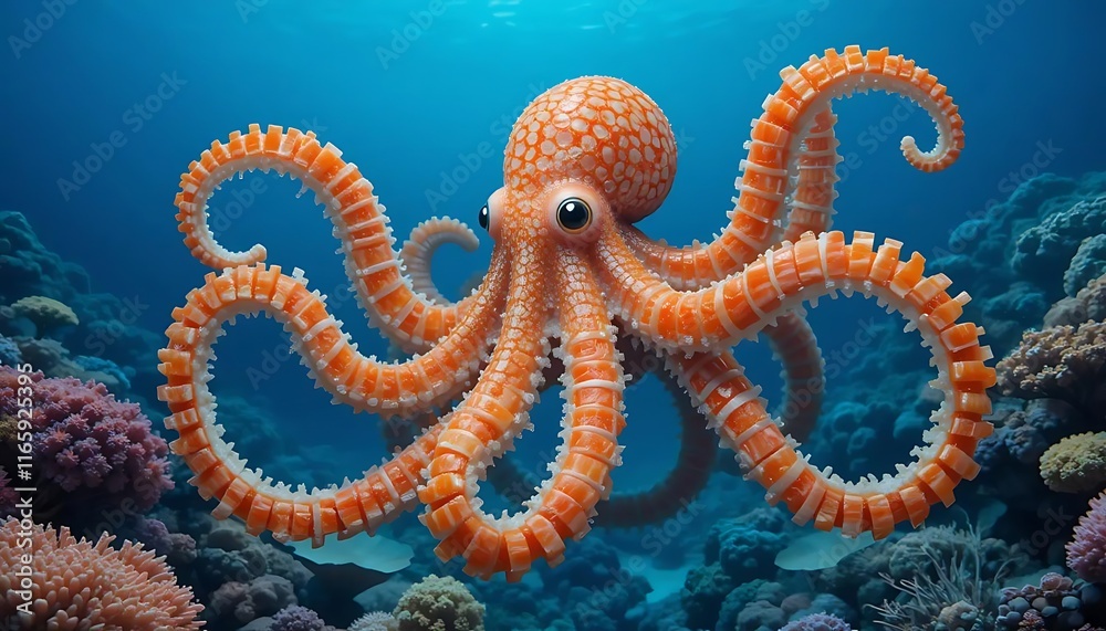 An octopus made from sushi rolls and sashimi tentacles floating through a blue ocean. An octopus made from sushi rolls and sashimi tentacles floating through a blue ocean.