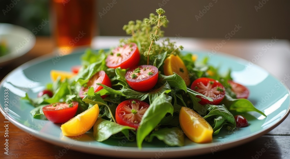 Plate of salad with tomatoes and greens on it Plate of salad with tomatoes and greens on it