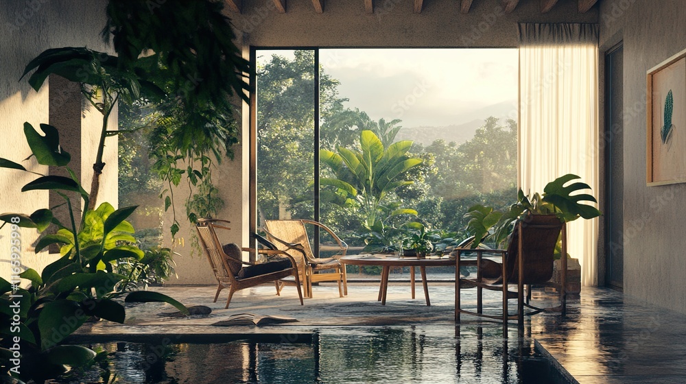 Fototapeta premium Modern Tropical Villa Interior Design with Pool View