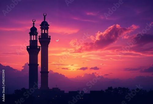 Majestic Minaret Silhouettes at Sunset: A Serene Purple Huescape photo