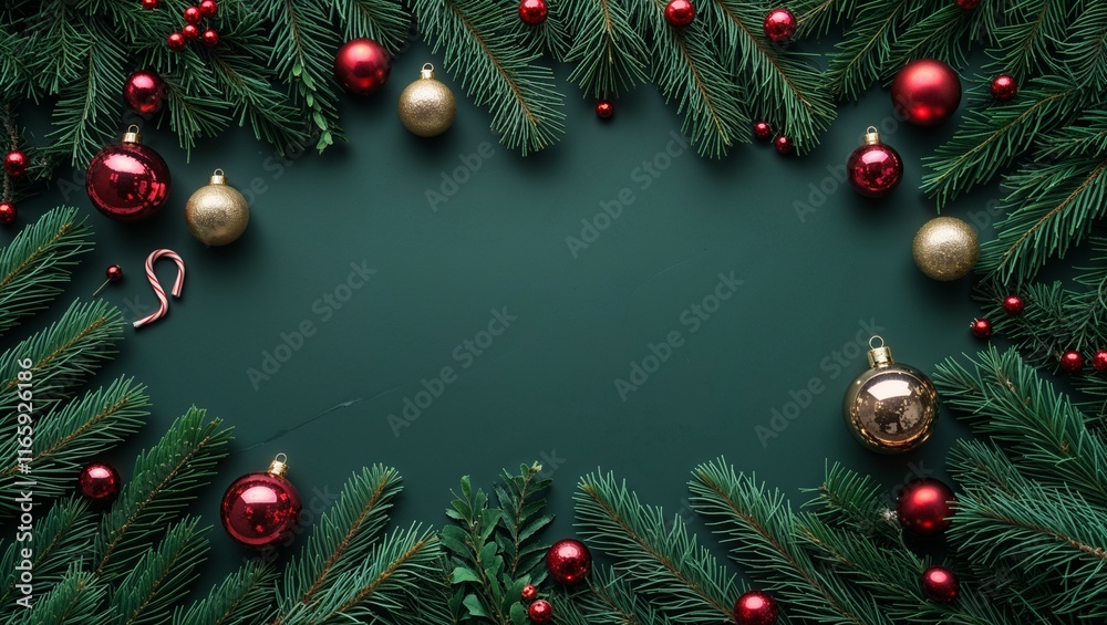 Christmas tree branches adorned with red and gold ornaments create a festive holiday frame Christmas tree branches adorned with red and gold ornaments create a festive holiday frame