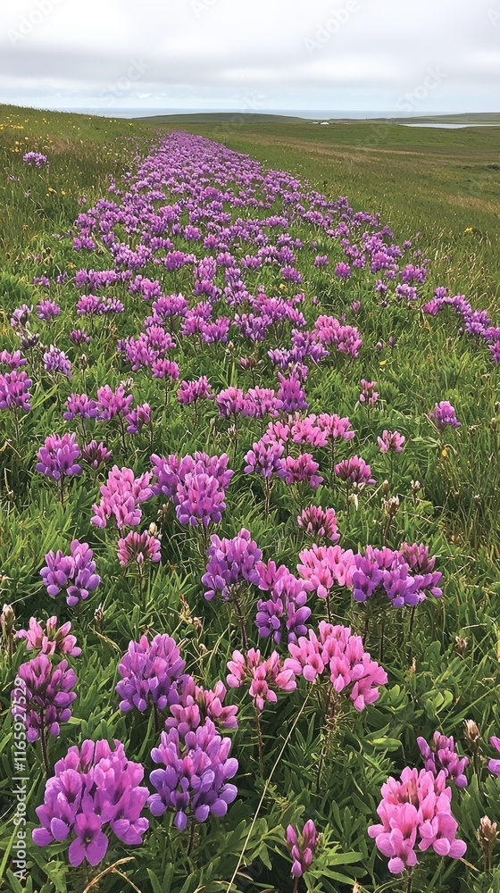 Obraz premium Windy Prairie Skies: Vast grassy plains with wildflowers and tall grasses swaying under the strong gusts of wind, clouds racing across the sky. 