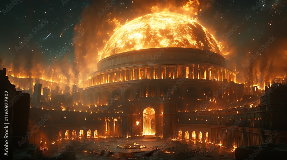 Obraz premium Burning dome-shaped structure engulfed in flames, apocalyptic scene at night.