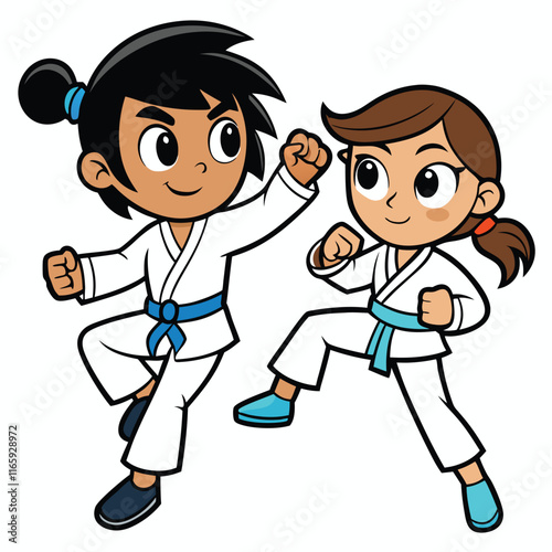 Two Kids Sparring in Karate Uniforms - Action-Packed Scene