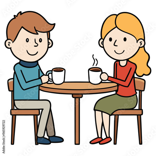 Two People Sitting at a Caf?able - Sipping Coffee and Chatting