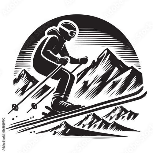 Skiing Silhouette Vector Illustration, Solid White Background.