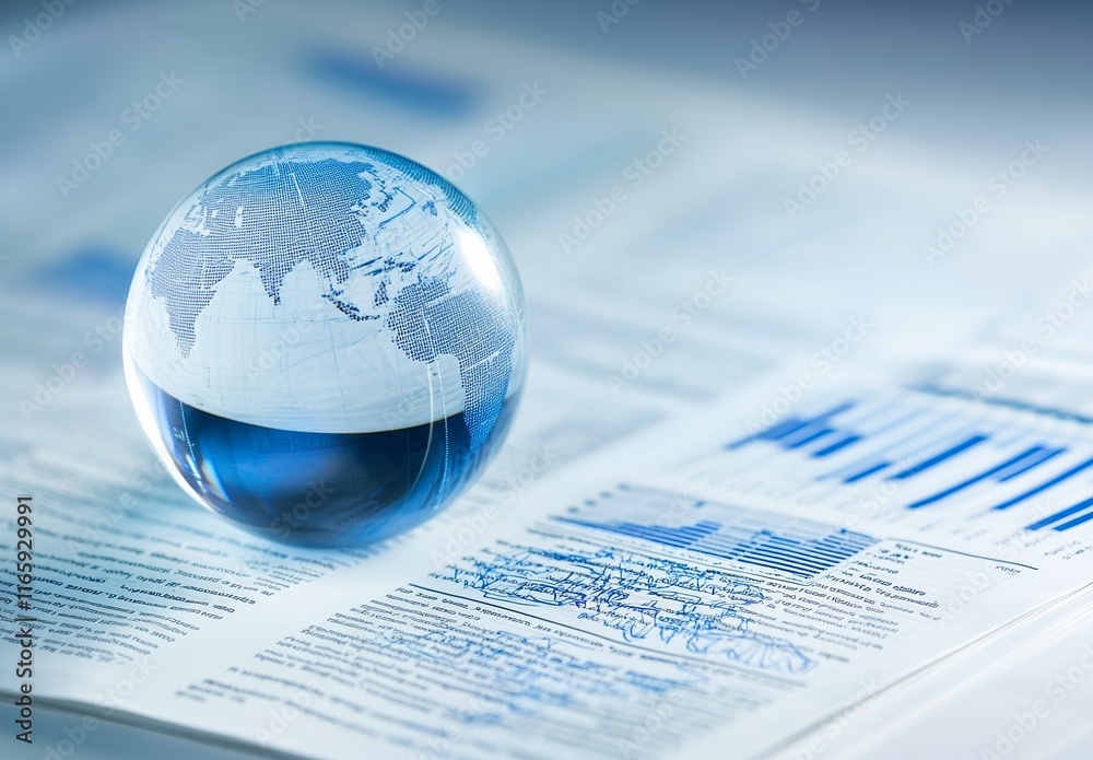 Crystal Globe on Abstract Financial Newspaper with Global Data and Graphs