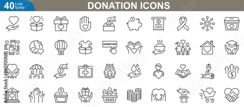 Donation icon set. Charity, giving, compassion, philanthropy, support, fundraising help, kindness and more symbol. Simple line vector illustration.