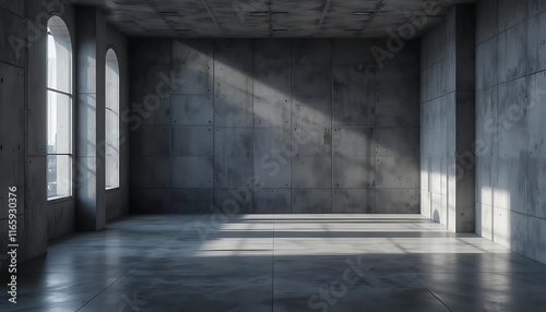 Dark abstract concrete room in 3D-rendered stock photo.