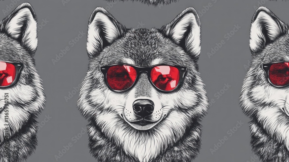 Obraz premium Cool wolves wearing red sunglasses, repeating pattern.
