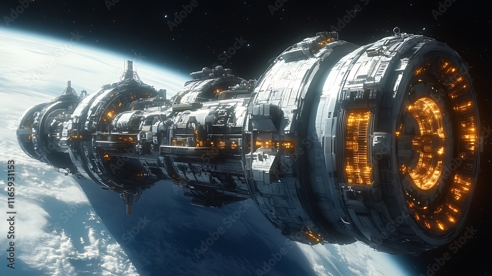 Futuristic spaceship orbiting Earth, glowing engines. Futuristic spaceship orbiting Earth, glowing engines.