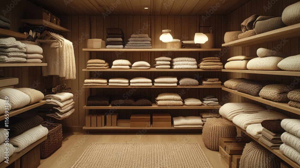 Obraz premium Cozy wooden closet filled with neatly stacked blankets, pillows, and sweaters.