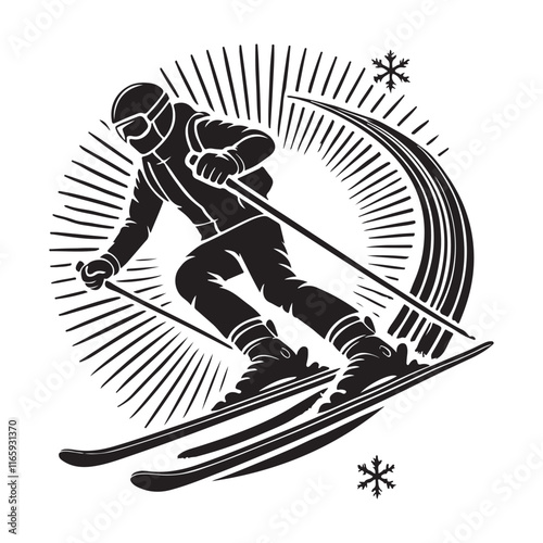 Skiing Silhouette Vector Illustration, Solid White Background.