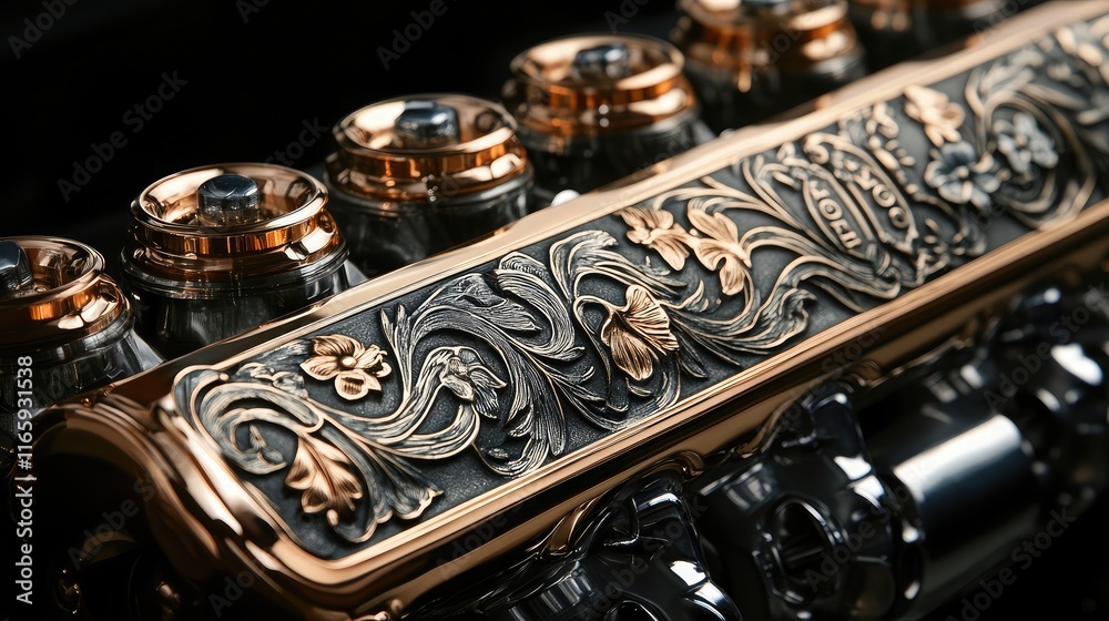 Engine valve covers with detailed engravings showcased attractively