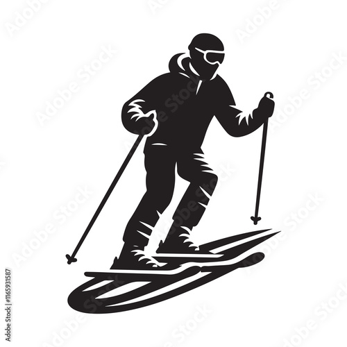 Skiing Silhouette Vector Illustration, Solid White Background.