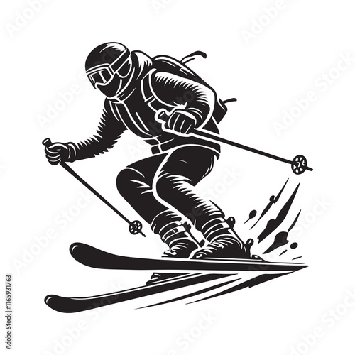 Skiing Silhouette Vector Illustration, Solid White Background.