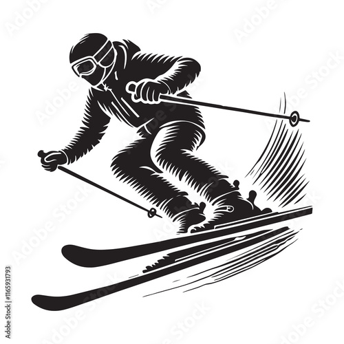 Skiing Silhouette Vector Illustration, Solid White Background.