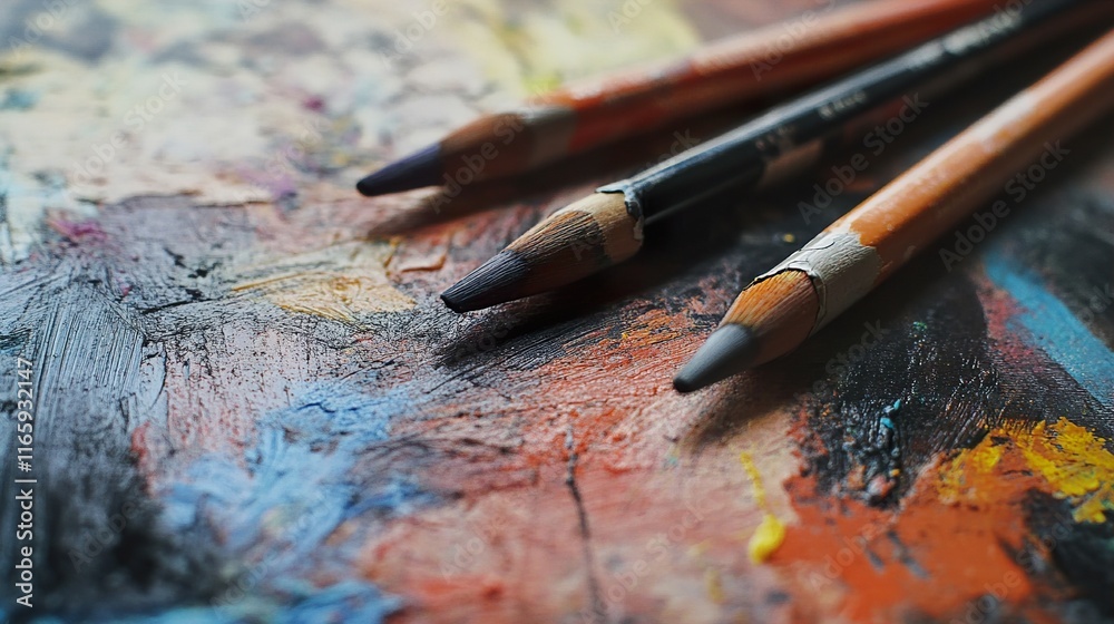 Fototapeta premium Close-up of Graphite Pencils on a Colorful Artist's Palette