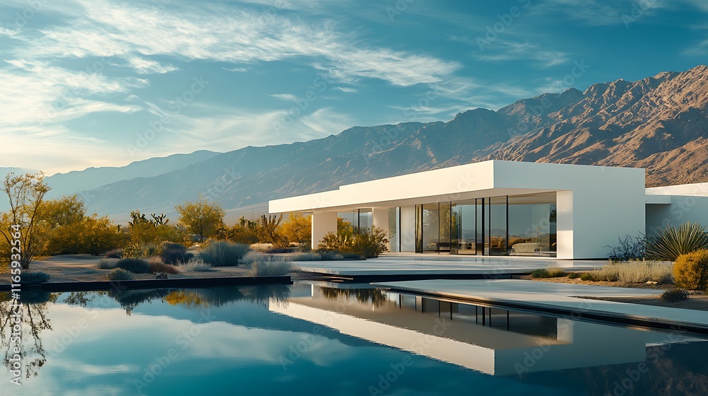 Fototapeta premium The modern exterior of a luxurious villa, designed with minimalistic elegance. The villa stands amidst towering mountains, its glass façade reflecting the breathtaking natural surroundings. 