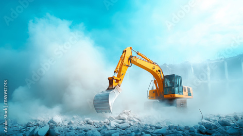 Heavy machinery demolishes building amidst dust clouds