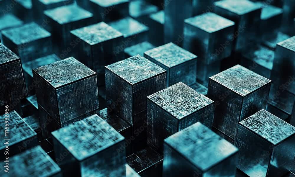 Abstract close-up of textured cubes in a blue hue, evoking a digital or technological theme. Abstract close-up of textured cubes in a blue hue, evoking a digital or technological theme.
