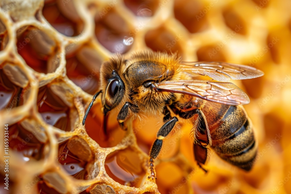 A bee works diligently, gathering nectar from the honeycomb in a beehive, surrounded by golden honey and intricate wax structures under bright daylight. A bee works diligently, gathering nectar from the honeycomb in a beehive, surrounded by golden honey and intricate wax structures under bright daylight.