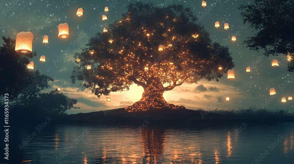 Illuminated Tree And Floating Sky Lanterns At Dusk Illuminated Tree And Floating Sky Lanterns At Dusk