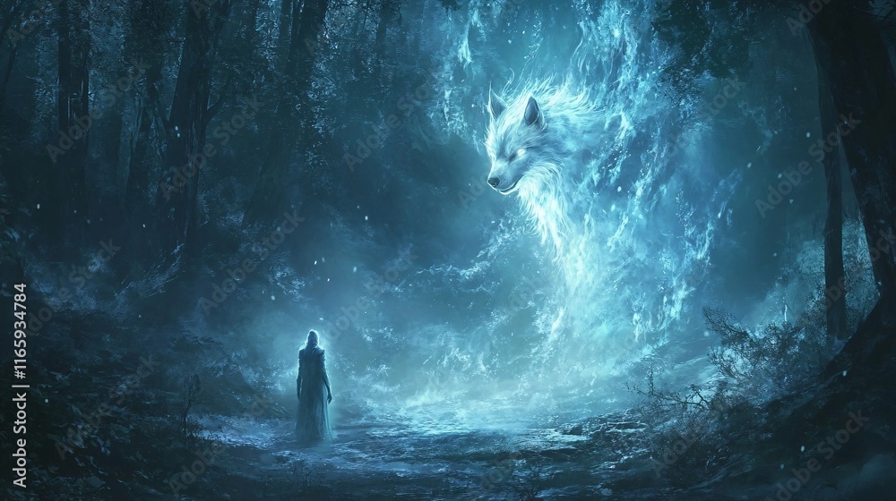 A mystical encounter: a cloaked figure faces a giant ethereal wolf in a dark, enchanted forest. A mystical encounter: a cloaked figure faces a giant ethereal wolf in a dark, enchanted forest.