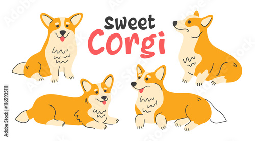 Cute welsh corgi set. Dog poses flat illustrations