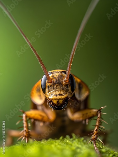 Close up macro photograph showcasing the and detailed anatomy of a cockroach s antennae as it senses alarm pheromones and quickly scurries for cover in a natural history documentary style with high photo